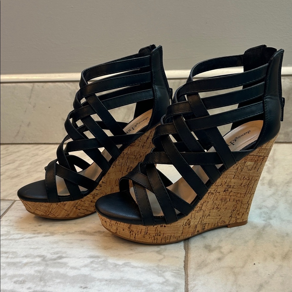 Charming Charlie Black Strappy Cork Wedge Sandals